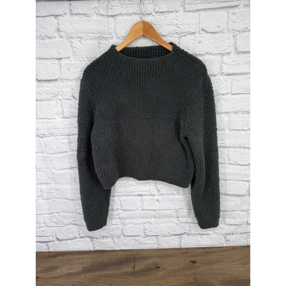 Aerie Women's Cozy Textured Chenille Knit Mock Neck‎ Cropped Sweater Charcoal XL
